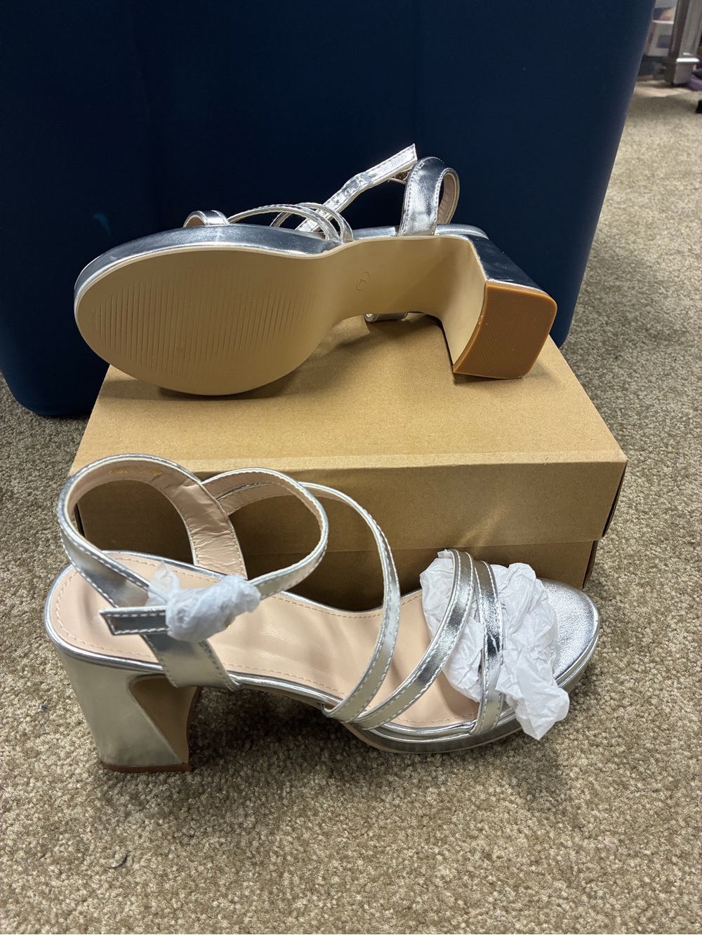 Silver Strappy Block Heel Sandals - Women